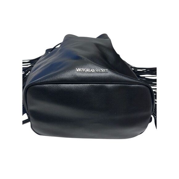 Victoria’s Secret Black Drawstring Fringed Backback Tote Faux Leather NWOT - Picture 6 of 11